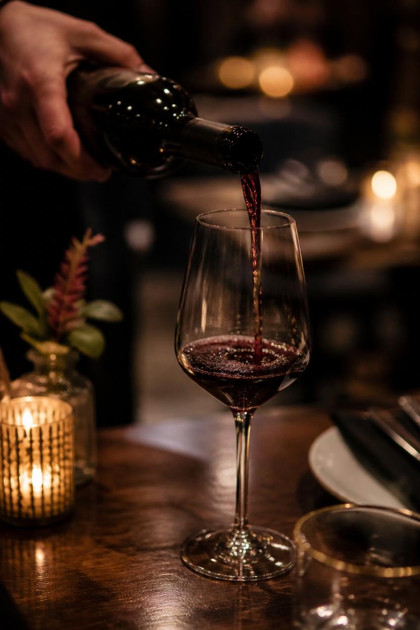 Red wine being poured into a glass by candlelight
